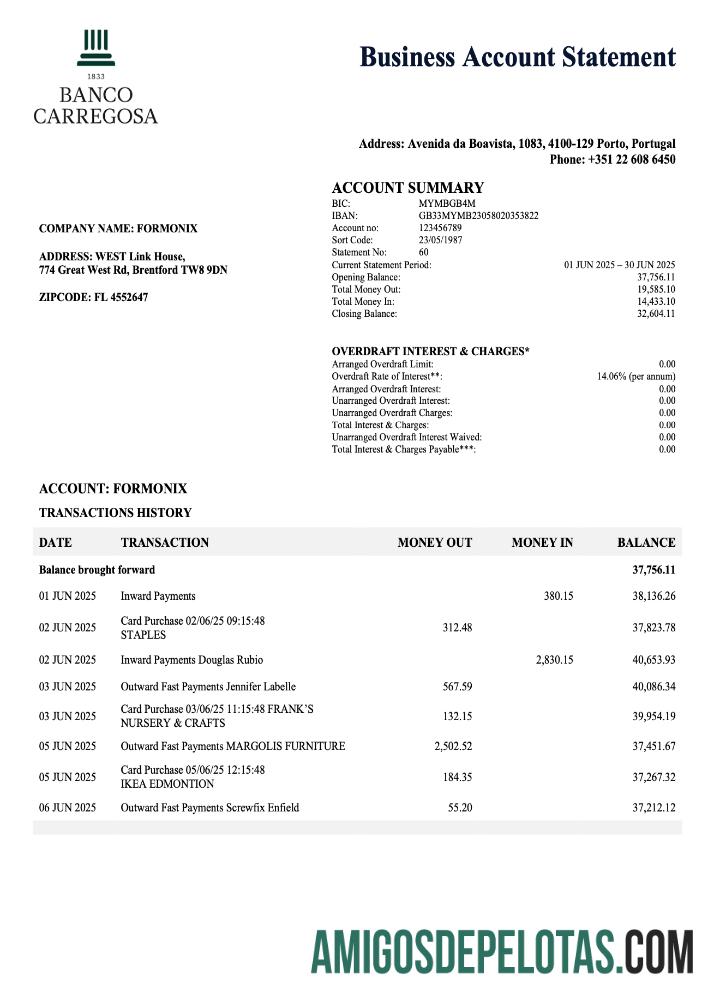 Extrato Empresarial do Banco Carregosa Português em formato Word e PDF